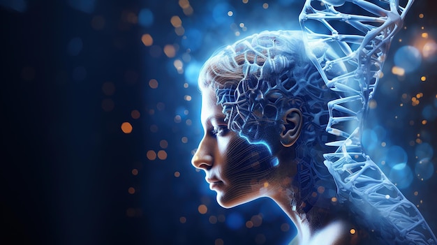 男性の頭部と脳の3D医学背景をDNAストレンドでAI (ジェネレーティブAI) 遺伝子
