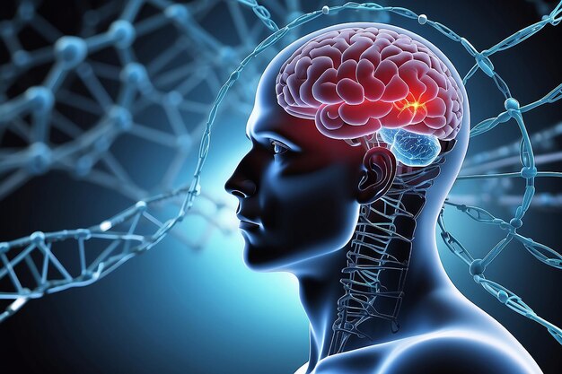 3D メディカル バックグラウンド 男性の頭脳とDNAの糸