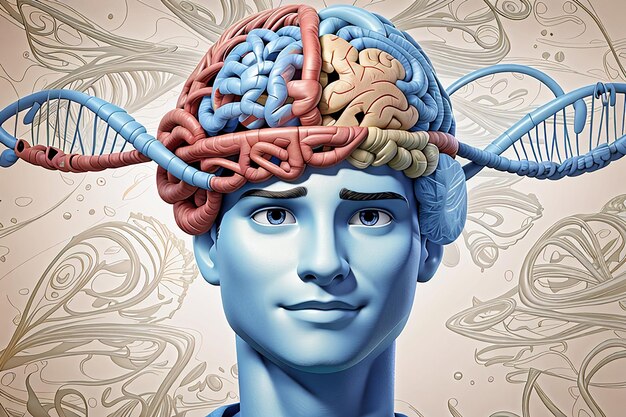 DNA 鎖上の男性の頭と脳を持つ 3 d の医学的背景