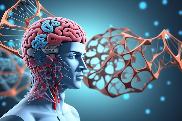 Foto sfondo medico 3d con testa maschile e cervello su filamenti di dna