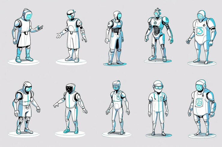 Photo 3d medical robots hand drawn composition set