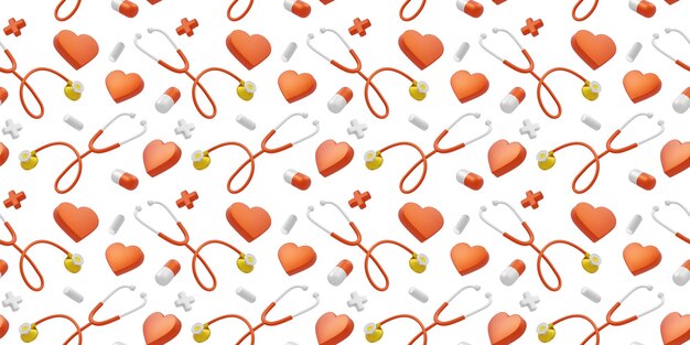Foto 3d medisch naadloos patroon met hartstethoscoop en pil op witte achtergrond 3d ontwerp van medicijnen illustratie voor banner poster web