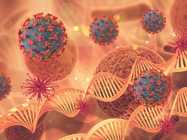 3d medische achtergrond met covid 19 viruscellen en dna-strengen