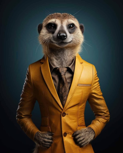 3D meerkat in business suit with a human body looking serious with a dramatic studio background