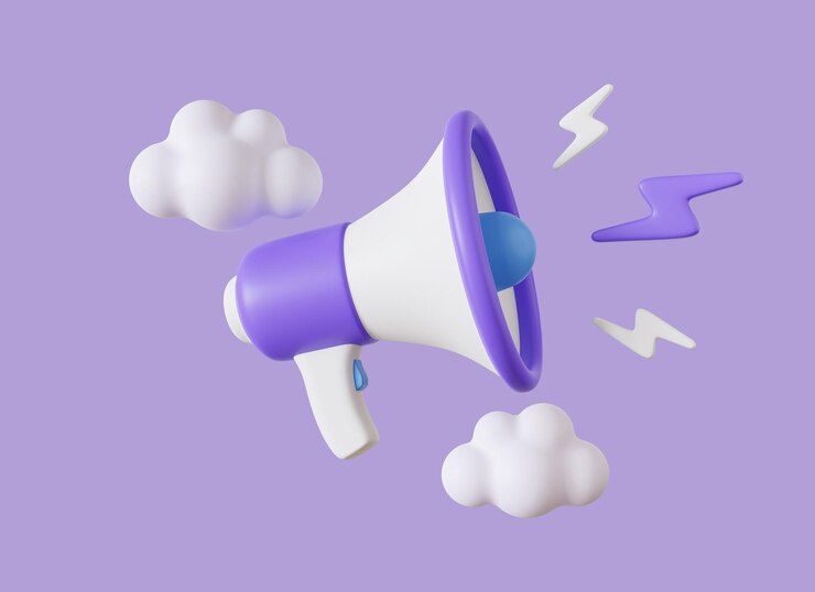 Photo 3d megaphone or loudspeaker with lightning and clouds around in cartoon style concept of social media promotion or breaking news realistic illustration isolated on purple background 3d rendering
