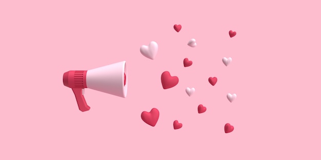 3d megaphone with love for romantic or wedding concept background rendered