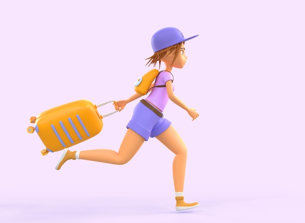 Foto 3d meisje toerist met koffer loopt snel haast om op tijd te zijn cartoon afbeelding van jonge vrouw reiziger laat voor bus trein of vliegtuig passagier missen voor vlucht op roze achtergrond 3d render