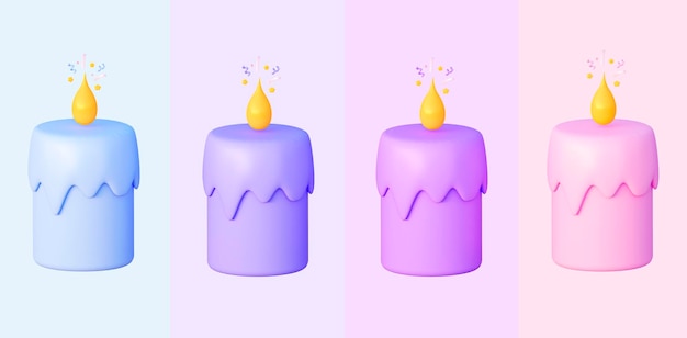 3d melting candle in blue pink and purple colors with a\
sparkler in cartoon style