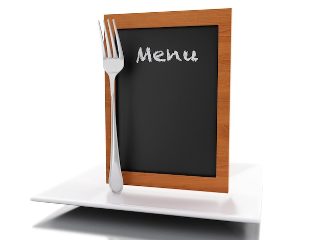 Foto scheda del menu 3d con piatto e forchetta