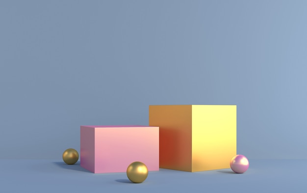 3d metal cubes of pink and yellow color for product demonstration, 3d render