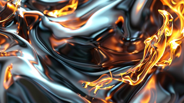 A 3D metallic fire icon in a futuristic liquid mercury design