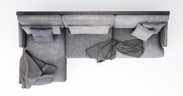 Foto 3d meubels bovenaanzicht moderne stof hoek multiseat geïsoleerd op een witte achtergrond met uitknippad decoratie design voor woonkamer