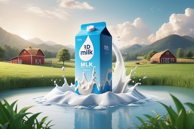 3d milk ad template for product display Milk pack mockup on a farm island surrounded