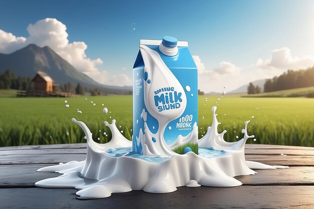 3d milk ad template for product display Milk pack mockup on a farm island surrounded