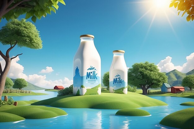 3d milk ad template for product display Milk pack mockup set in a miniature farm island