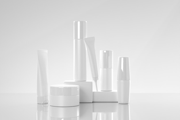 3D Milk cosmetics on podium mockup banner Realistic set of skin care cosmetic products Luxury white glossy bottles tubes and jar with cream on studio background for branding to promote 3d render