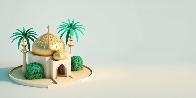 3D мини-мечеть с золотым минаретом на фоне Рамадана
