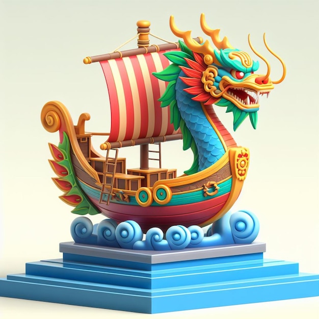 Photo 3d miniature cartoon boat with a colorful dragons head