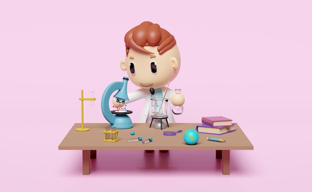 3d miniature cartoon boy character with science experiment kit microscope desk in lab isolated on pink background room innovative education concept 3d render illustration