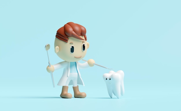 Photo 3d miniature cartoon character dentist with dentist mirror sickle scaler check for cavities dental examination of the dentist health of white teeth oral care 3d render isolated on blue background