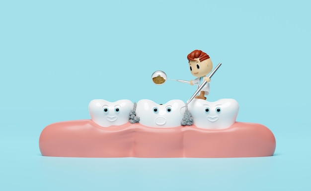 3d miniature cartoon character dentist with dentist mirror toothbrush gums dental molar check for cavities dental examination of the dentist health of white teeth oral care 3d render