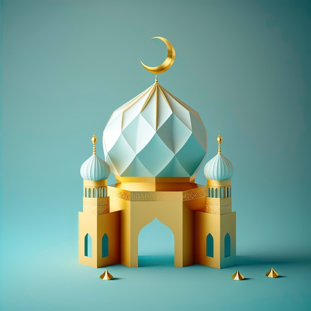 3d miniature illustration of a mosque with golden glowing dome