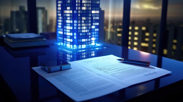 3d miniature small buildings tower neon light on table with signing mortgage contract document