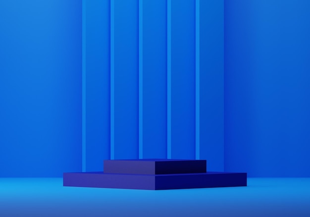 ネイビーの台座の表彰台のモックアップ、製品ショーケース用の空のプラットフォームを備えた 3D の最小限の青色光の背景