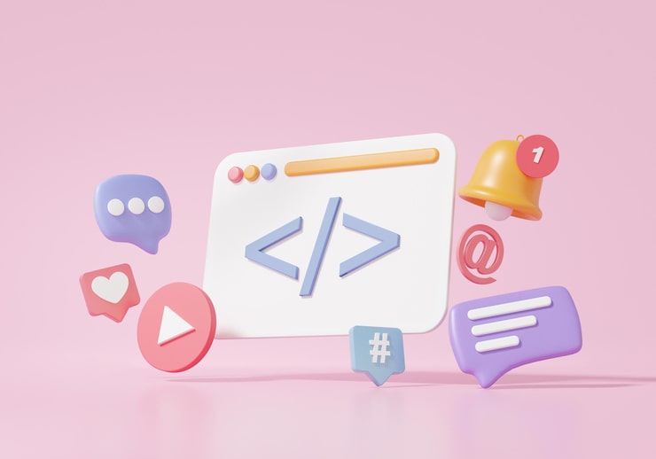 Photo 3d minimal cartoon coding language development on pink background web uiux design software developer concept programming application project 3d render illustration