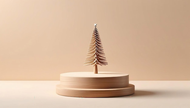 3D minimal Christmas template wood pedestal stand Christmas tree wood decoration beige background