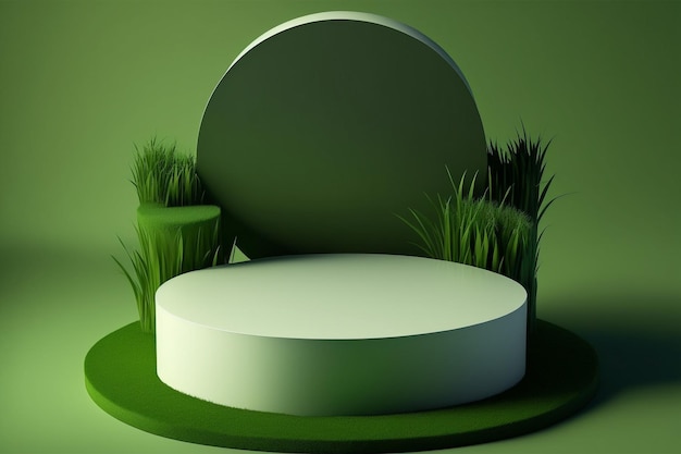 3d minimal circle podium illustration with green grass for product background