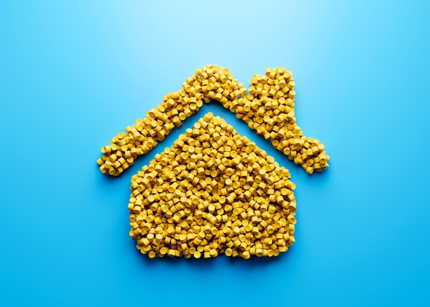 3d Minimal Home Icon Symbol Made Of Yellow Plastic Polymers On Blue Background 3d Illustration