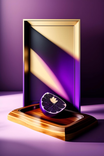 3d minimal modern wooden podium tray plate on dark purple table counter in dappled sunlight leaf s