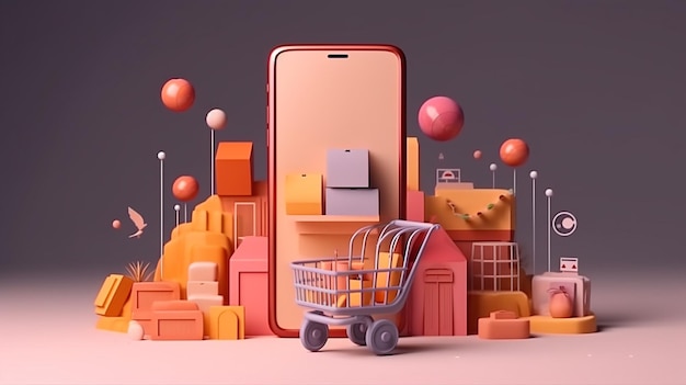 3D minimal online shopping on smartphone application Generative AI