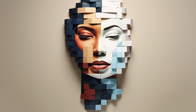 3D 미니멀 포스터 디자인: 작은 여성 얼굴의 모자이크가 함께 모여 하나의 큰 이미지를 형성합니다.