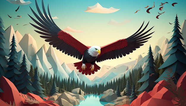 날아다니는 독수리를 묘사하는 3D 미니멀 포스터 디자인
