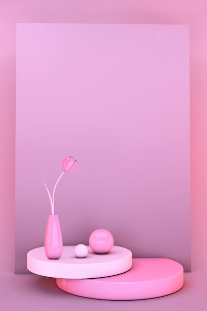 3Dミニマル春の花チューリップ。スタイリッシュなトレンディな抽象的なピンクのシーン。バレンタインデーと女性の日の挨拶の招待状のモックアップ