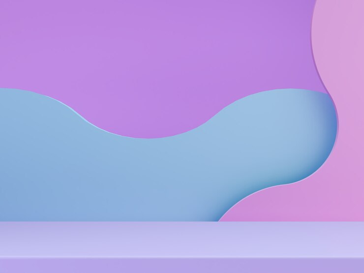 3D-minimale scène met geometrische vormen, podium en gebogen abstracte achtergrond in pastelkleuren.