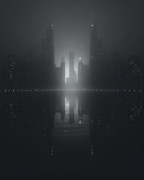 a 3D minimalist design of a city silhouette with lights dimming