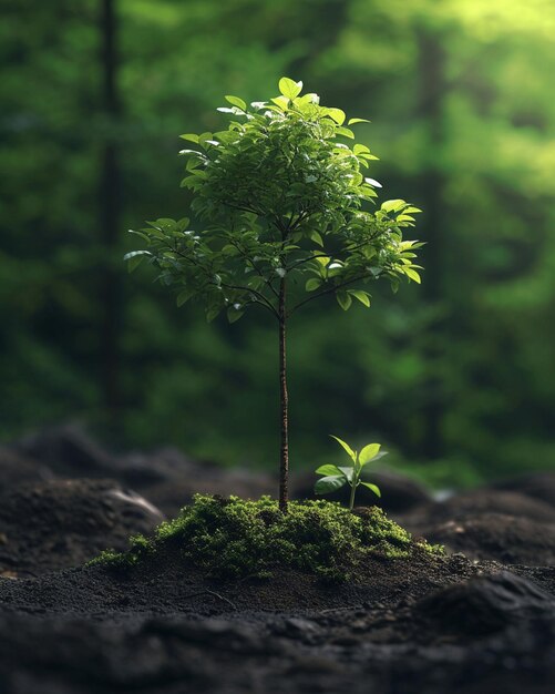 a 3D minimalist design featuring a tree planting scene