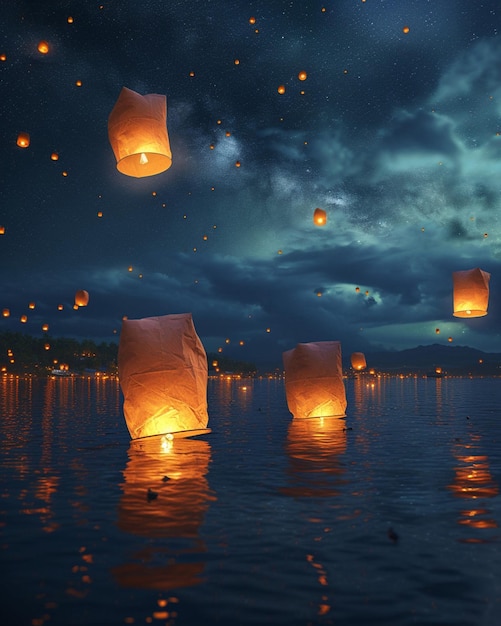 a 3D minimalist design with paper lanterns floating in the night sky