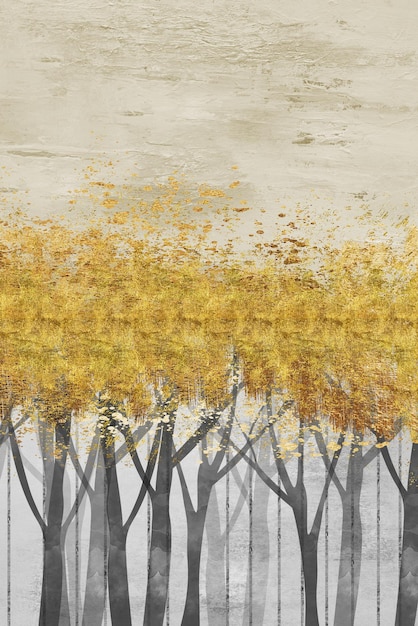 3d minimalist drawing art wallpaper for wall decor. black trees, sun, burds light beige background