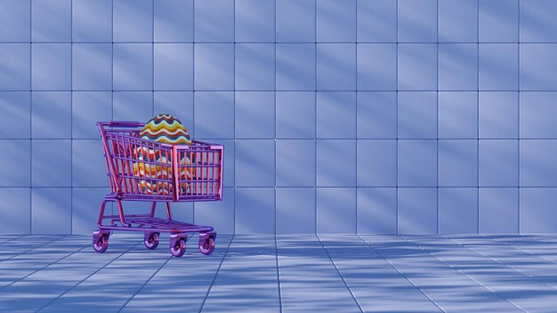 Photo 3d minimalist easter egg design with a retro wave pattern accompanied by a shopping cart symbolizing holiday shopping and celebration