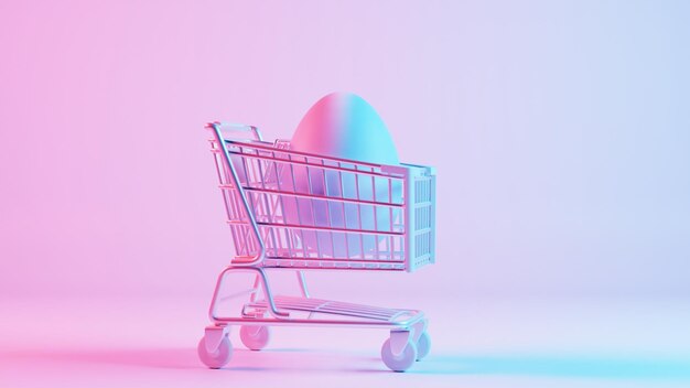 Минималистский 3D-дизайн пасхального яйца с ретро-волновым рисунком, сопровождаемым корзиной для покупок, символизирующей праздничные покупки и празднование