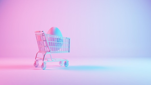 3D minimalist Easter egg design with a retro wave pattern accompanied by a shopping cart symbolizing holiday shopping and celebration