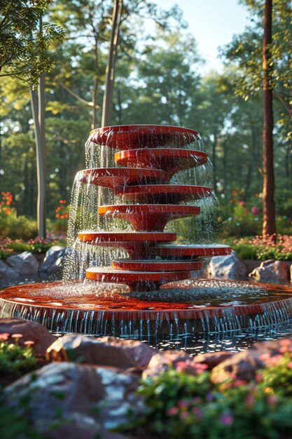 Photo a 3d minimalist fountain with water flowing over red and white martisorthemed tiers