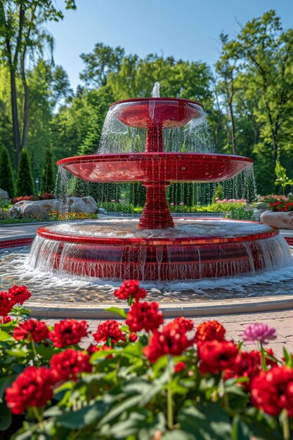 Photo a 3d minimalist fountain with water flowing over red and white martisorthemed tiers