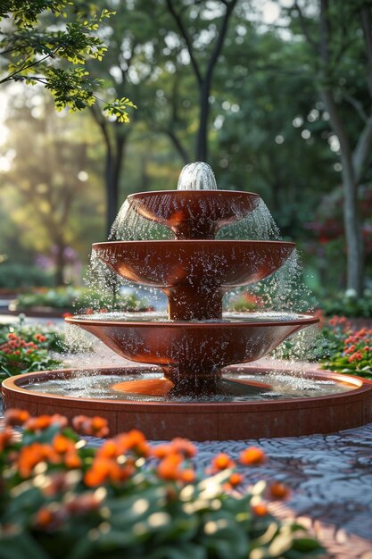 Photo a 3d minimalist fountain with water flowing over red and white martisorthemed tiers