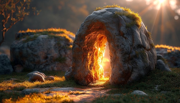 3D-минималистское изображение каменной гробницы с луком света