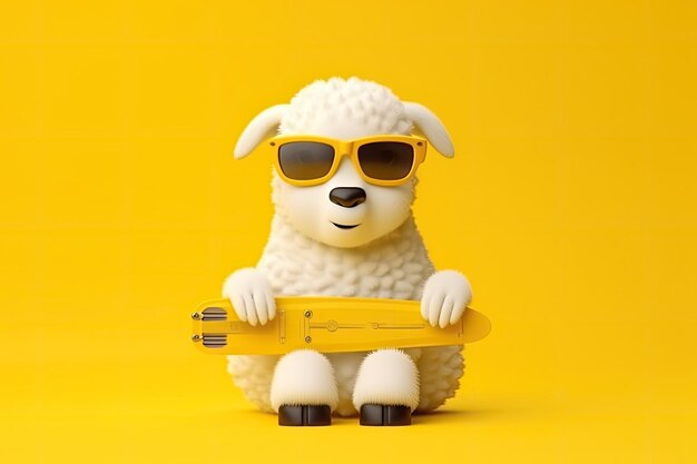 3d minimalist sheep in sunglasses with knife over yellow bg travel concept ai generated